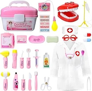 Loyo Medical Kit For Kids - 35 Pieces Doctor Pretend Play Equipment, Dentist Kit For Kids, Doctor Play Set With Gift Case (Pink)