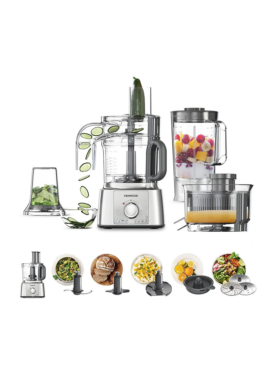 KENWOOD Food Processor With Blender, Grinder Mill, Dual Metal Whisk, Dough Maker, Citrus Juicer, Express Serve/Salad Maker, Kitchen Scale/Weighing Tray 1000 W FDM71.690SS silver