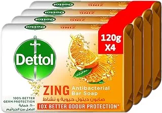 Dettol Zing Antibacterial Bar Soap, 10X Better Odour Protection, 120g, Pack of 4