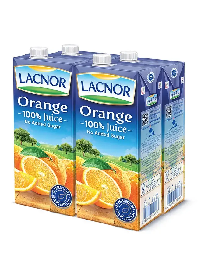 Lacnor Essentials Orange 100 Percent Juice, No Added Sugar 1Liters Pack of 4