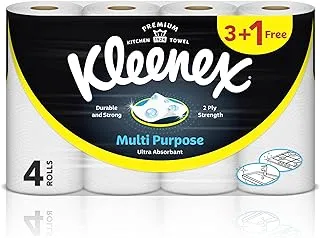 Kleenex Multi Purpose Kitchen Tissue Paper Towel, 2 PLY, 4 Rolls x 90 Sheets, Absorbent Towels for all Surfaces