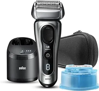 ماكينة الحلاقة Braun Series 8 8467cc جافة أو مع الماء مع مركز SmartCare 5 في 1 وعلبة سفر ، فضية.