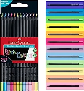 Faber-Castell Black Edition Colour Pencils 12 colours Neon + Pastel,Supersoft lead for great effects, ASSORTED