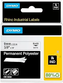 DYMO rhino permanent industrial polyester labels, 9 mm x 3.5 m, black on white, self adhesive, 18482