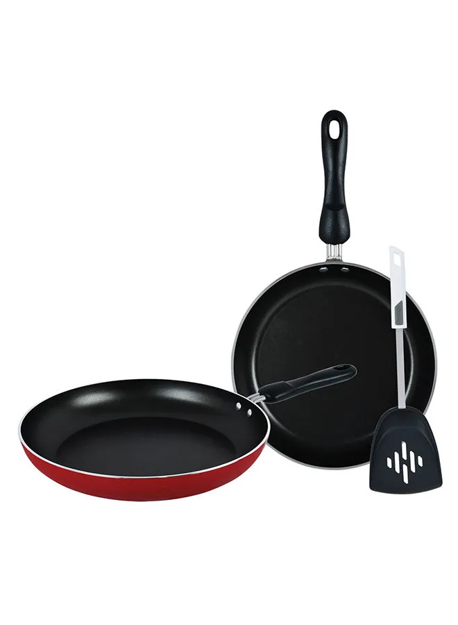 Prestige 3-Piece Strong And Sturdy Material Non-Stick Coating Kitchen Cookware Set Includes 1xFrying Pan 22cm, 1xFrying Pan 28cm, 1xTurner Red/Black/Grey 28cm