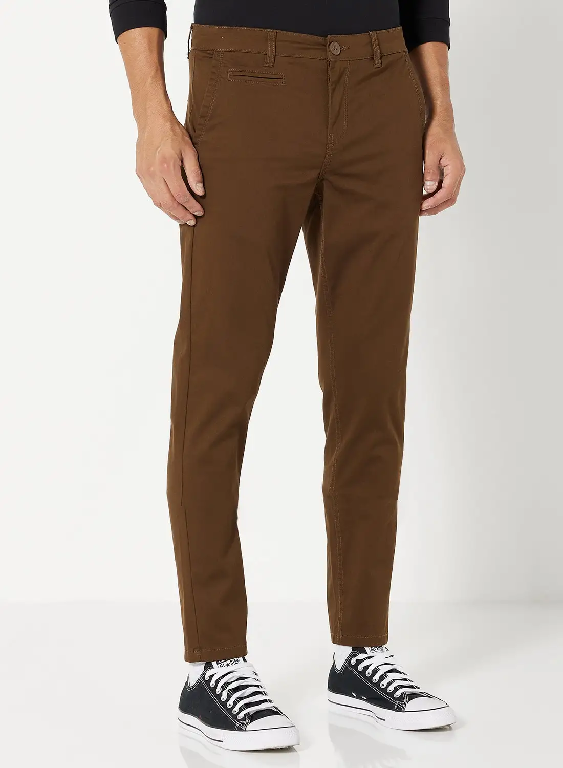 Noon East Solid Pattern Stretch Slim Fit Pants Brown