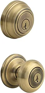 Kwikset Juno Keyed Entry Door Knob And Single Cylinder Deadbolt Combo Pack With Microban Antimicrobial Protection Featuring Smartkey Security In Antique Brass