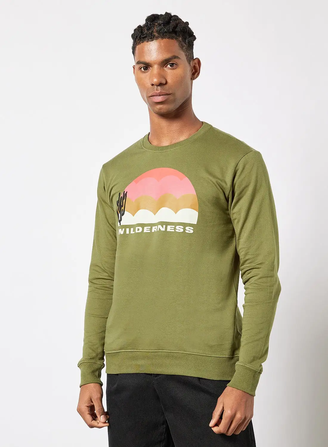 QUWA Men Casual Printed Sweatshirt Moss Green