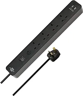 Brennenstuhl Ecolor, 4 Way Extension Lead With USb Slots Power Strip 4 Way With Safety FUSe Button, 2X USb Charging Units, Power Switch And 3M Cable, 90° Angle Of Sockets, Black, 1153243006