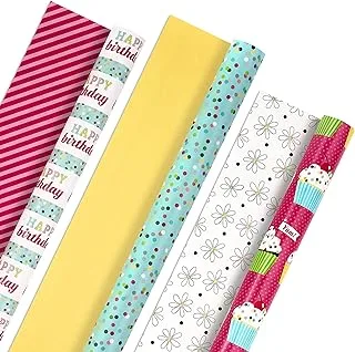 Hallmark All Occasion Reversible Wrapping Paper Bundle - Happy Birthday (3 Rolls - 75 sq. ft. ttl) Cupcakes, Stripes, Flowers, Polka Dots