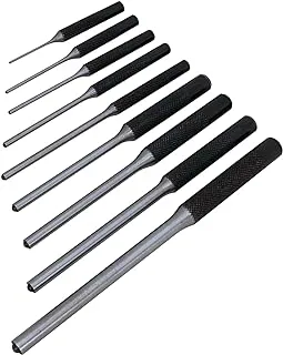 Performance Tool W7559 9 Piece Roll Pin Punch Set with Storage Pouch - Heat Treated Steel, Knurled Grip, Reverse Taper Tip, Multiple Pin Sizes