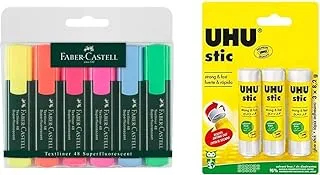 Faber-Castell Classic Highlighter Wallet Of 6 & Uhu Stic, The Proven Glue Stick - Glues Strongly, Quickly And Permanently, Without Solvent, 8.2G, Set Of 3, White