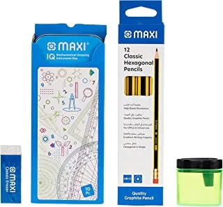 Maxi Writing Combo Pack PRM1,Geometry Box 10pcs set+Graphite Pencil HB 12x1box+Plastic Container Sharpener+Dust Free Eraser, ASSORTED, MX-PRM2022-1