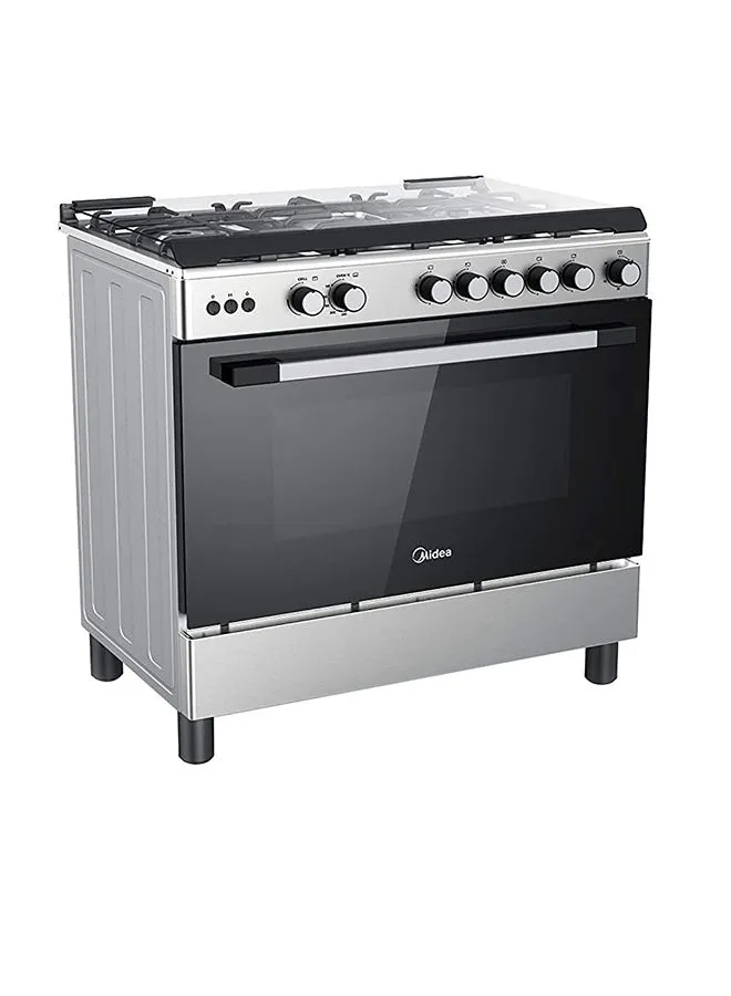 Midea 90X60Cm Freestanding Cooker, Full Gas Cooking Range With 5 Burners, Automatic Ignition And Full Safety, Cast Iron Pan Support, Stainless Steel Finish, Separate Knob For Oven And Grill LME95028FFD Silver/Black