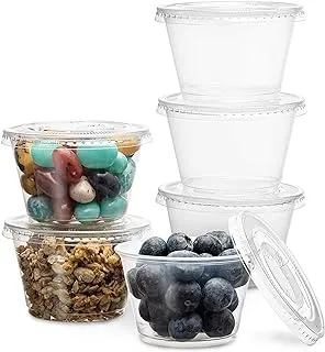 MARKQ [100 Pack] 4oz. Clear Plastic Disposable Portion Cups with Lids- Available in 1oz, 2oz- Sampling Cups, Portion Control Cups, Slime Container