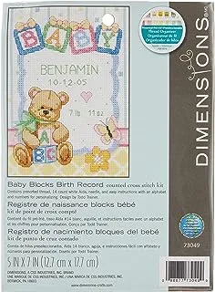 Dimensions Counted Cross Stitch Kit, Baby Blocks And Teddy Bear Birth Record Personalized Baby Gift, 14 Count White Aida, 5