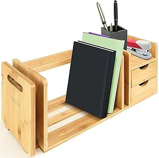 SereneLife Bamboo Wood Expandable Desk Organizer - Desktop Tabletop Organic Wooden Filing Organization Bookshelf W/Storage Drawer, For Book, Home Office File, Paper, Supplies, Cookbook - Sldcab180