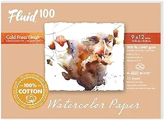 Fluid 100 Artist Watercolor Block, 300 lb (640 GSM) 100% Cotton Cold Press Pad for Watercolor Painting and Wet Media w/Easy Block Binding, 9 x 12 inches, 10 Sheets