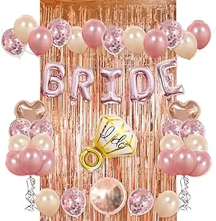 Mumoo Bear Bride Party Decorations Kit- Rose Gold Foil Fringe Curtain, 20 Latex Balloons, 10 Confetti Balloon, And Ring Heart Round Mylar Balloons For Bachelorette Bridal Shower Supplies-S