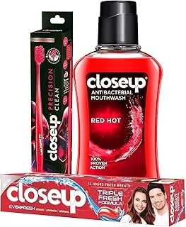 Close Up Triple Fresh Formula Gel Toothpaste, Red Hot, 120ml + Close Up Precision Clean Toothbrush, 1 Unit Ultra Soft (Assorted) + ClosEUp Antibacterial Mouthwash, Red Hot 250ml