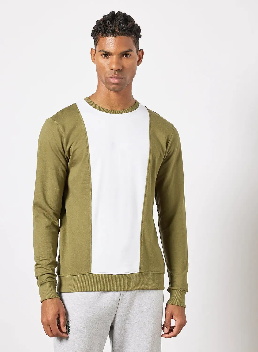 QUWA Cut And Sew Sweatshirt Olive Green/White