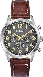 Bulova Men's Classic Stainless Steel 6-Hand Chronograph Quartz Leather Strap Watch with Grey Dial, Gold Accents, Arabic Markers, 41mm