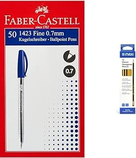 Faber-Castell 1423 Ball Pen 0.7Mm Box Of 50Pc Blue & Maxi Classic Hexagonal Graphite Pencil Hb With Rubber Tip, Box Of 12, Black