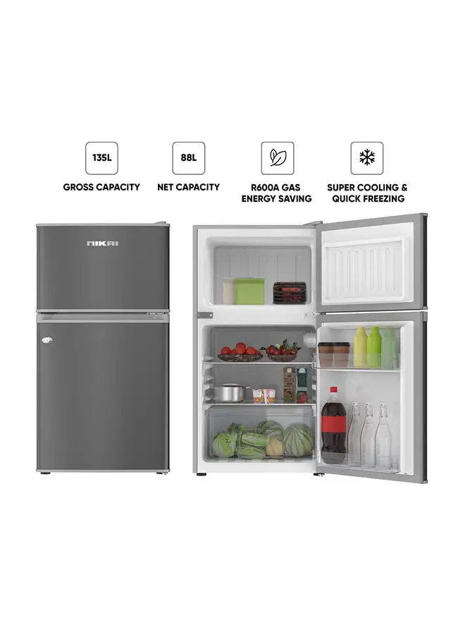 NIKAI 135L Gross / 88L Net, Small Double Door Mini Refrigerator With Vegetable Crisper And Adjustable Glass Shelves, Convenient Defrosting, Mini Fridge Ideal For Home, Kitchen, Bedroom, Office And Hotels 274 kW NRF135DDS Grey