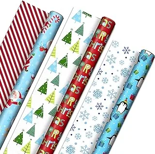 Hallmark Cute Reversible Christmas Wrapping Paper for Kids (3 Rolls: 120 sq. ft. ttl) Penguins, Santa, Trees, Stripes, Snowflakes, Merry Christmas