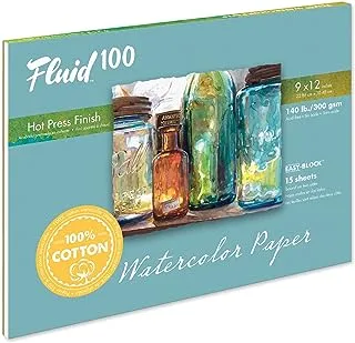 Fluid 100 Artist Watercolor Block, 140 lb (300 GSM) 100% Cotton Hot Press Pad for Watercolor Painting and Wet Media w/Easy Block Binding, 9 x 1 inches, 15 Sheets