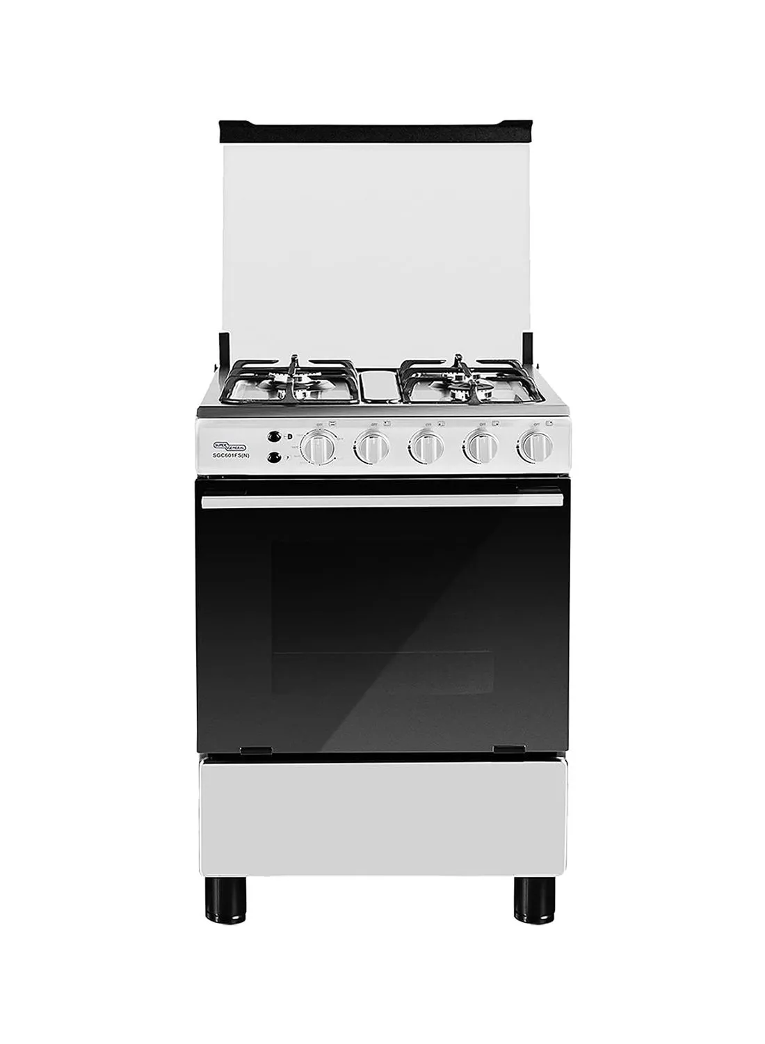 SUPER GENERAL 4 Burner Gas Cooker 60 x 60 cm, Full-Safety, Stainless-Steel Cooker, Gas Oven with Rotisserie, Thermostat, Auto-Ignition, 1 year warranty SGC601FS Silver/Black