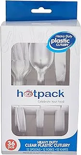 Hotpack Disposable Plastic Clear Heavy Duty Cutlery 12 Spoon + 12 Fork + 12 Knife, 36 Pieces 1 Set