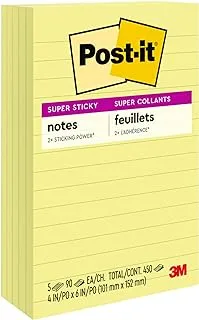 Post-It Super Sticky Notes, 4X6 In, 5 Pads, 2X The Sticking Power, Canary Yellow, Recyclable (660-5Sscy)