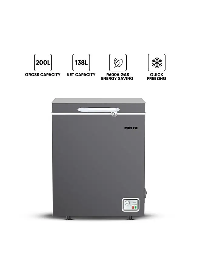 NIKAI 200L Gross / 138L Net, Single Door Chest Freezer With Storage Basket, High Energy Efficiency Cooling System, Adjustable Temperature, Child Lock, Silent Operation, Ideal For Home And Restaurants 200 L 378 kW NCF200N7S Silver