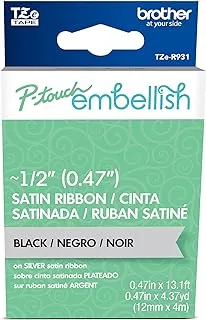 Brother P-Touch Embellish Black Print on Silver Satin Ribbon TZER931 – ~½” Wide x ~13.1’ Long for use with P-Touch Embellish Ribbon & Tape Printer