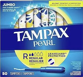 Tampax Pearl Tampons with Plastic Applicator, Regular Absorbency, 50 Count, Pack of 4 (200 Count Total)