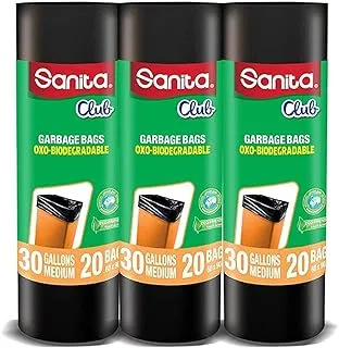 SANITA, Club Garbage Bag Oxo-Biodegradable Roll, 30 Gallons, Black, Medium, 20 Bags, Pack Of 3