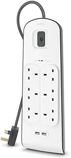 Belkin 6 Way/6 Plug Surge Protection Strip With 2 Meters Cord Length - Heavy Duty Electrical Extension Socket With 2 X 2.4 A Shared Usb Ports