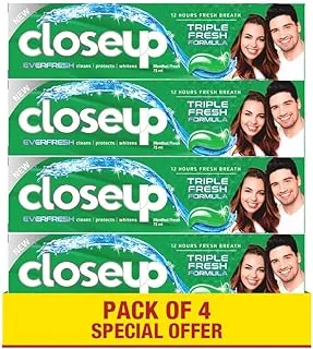 CLOSE UP Triple Fresh Gel Toothpaste, for 12 hours fresh breath, Menthol Fresh, with antibacterial mouthwash & microshine crystals, 75ml x 4