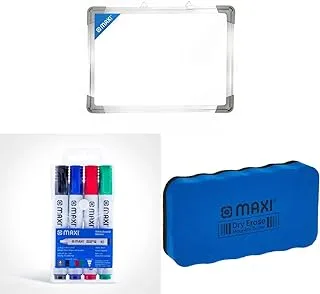 Maxi Magnetic Whiteboard/Dry Erase Board 30X40 Cms With Aluminium Framed,3040 & Whiteboard Marker Wallet Of 4Pc, Whiteboard 800-4 & Maxi Medium Magnetic White Board Eraser, Wbe31