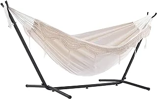 Vivere Double Hammock with Space Saving Steel Stand, Natural (450 lb Capacity - Premium Carry Bag Included)