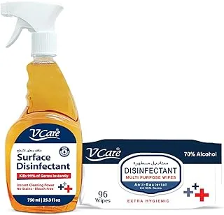 Vcare Surface Disinfectant Liquid 750Ml + Vcare Disinfectant Multi-Purpose Anti Bacterial Wipes 96'S