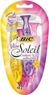 Bic Miss Soleil Color Collection إصدار خاص من شفرات الحلاقة - عبوة 3 + 1 (4 إجمالي) شفرات ثلاثية الشفرات - رأس ثابت وشريط ترطيب لحلاقة نظيفة ودقيقة ولطيفة