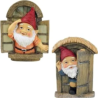 Design Toscano Knothole Welcome Gnomes Garden Tree Sculptures, 9 Inch, Door And Window Set Of Two, Polyresin, Full Color