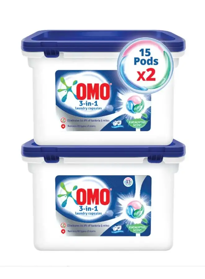 Omo 3-In-1 Laundry Capsules Eucalyptus Stain Removal Detergent 15 Pods Pack Of 2 450.0grams