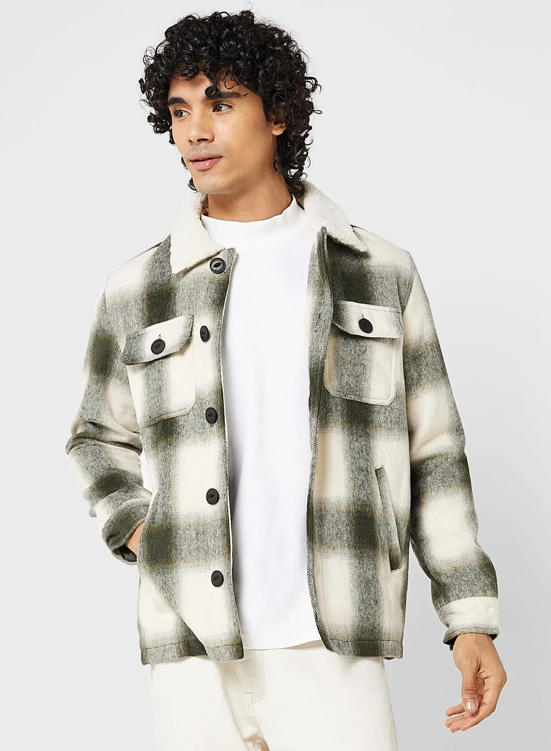 BRAVE SOUL Mens Checked Jacket With Cream Sherpa