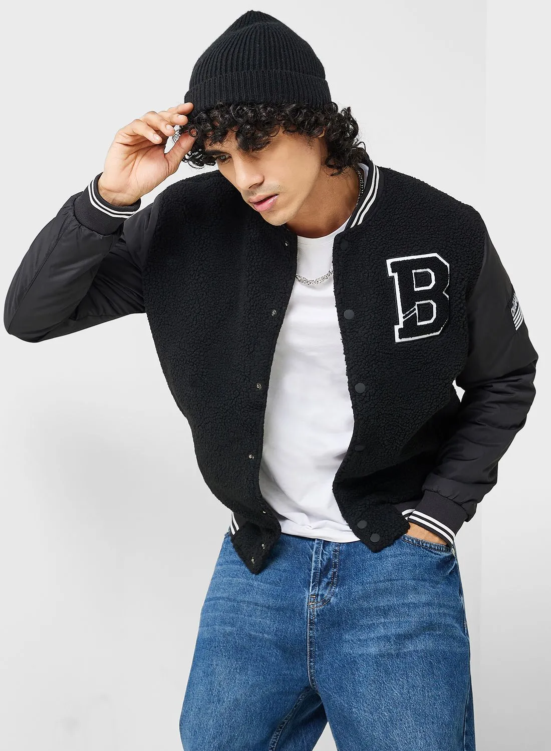 BRAVE SOUL Mens Varsity Borg Mix Jacket; Popper