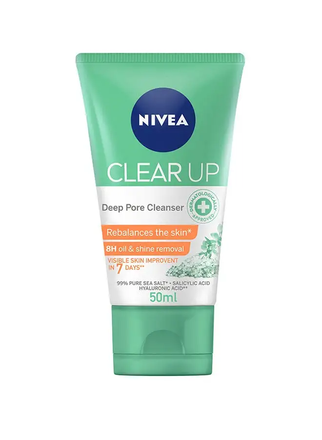 Nivea Clear Up Face Wash, Deep Pore Cleanser With Sea Salt, Salicylic And Hyaluronic Acid 50ml
