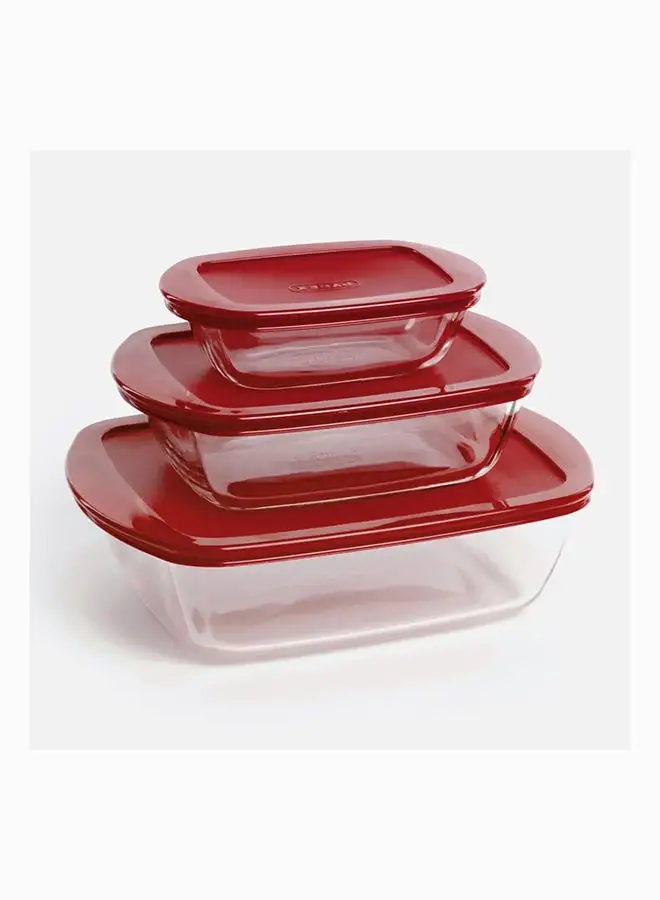 PYREX Pyrex Cook&Store Set Of 3 Rectangle With Red Lid  0.4+1.1L+2.5L Transparent 28 x 20 x 9 cm 2.5L / 23 x 15 x 6 cm 1.1L / 17 x 5 cm 0.4Lcm