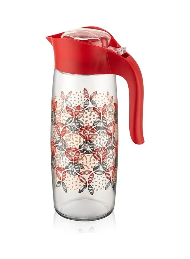 QLUX Oval Patterned 1600cc Water Pitcher with Lid Easy Clean Heat Resistant Glass Jug Red 1.6Liters